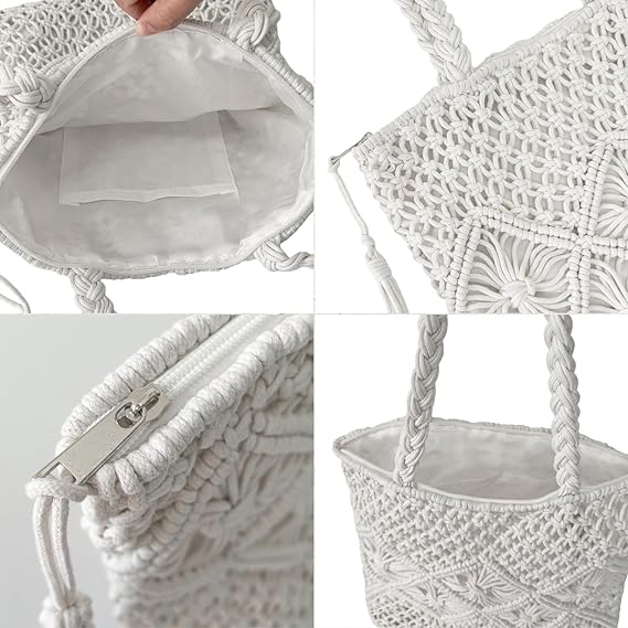Natural Cotton Rope Crochet Shoulder Bag with close-up details of its layered construction and zip-top closure