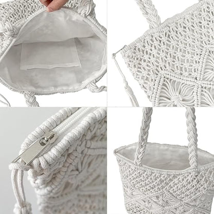 Natural Cotton Rope Crochet Shoulder Bag with close-up details of its layered construction and zip-top closure