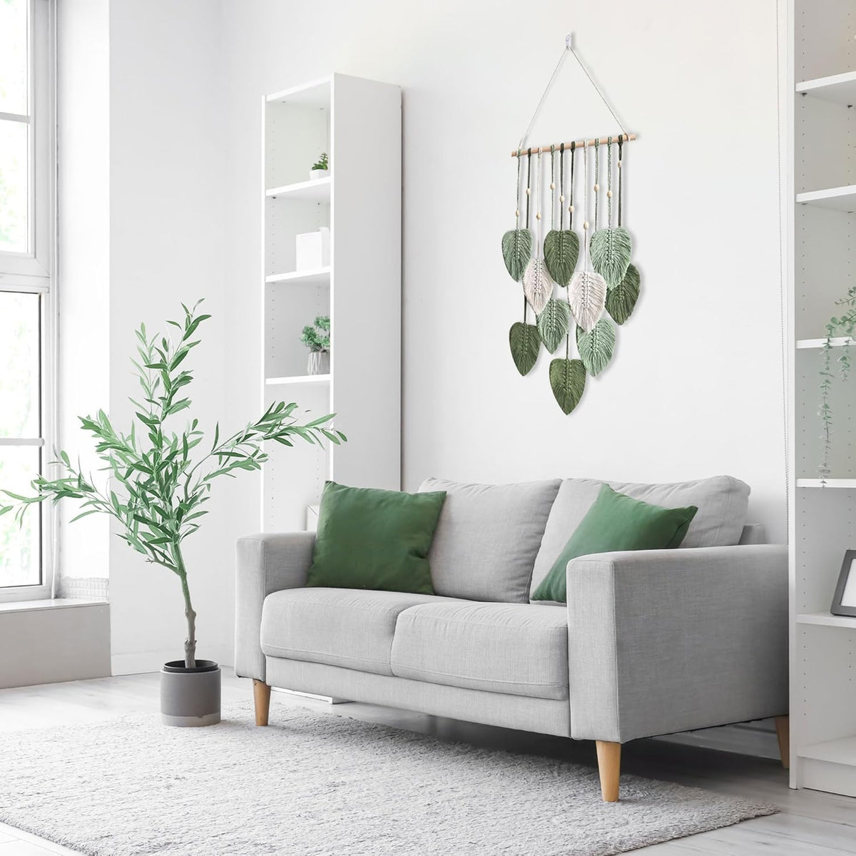 Eiyye Light Green Macrame Leaf Wall Hanging Decor for Living Room with Natural Cotton Woven Texture