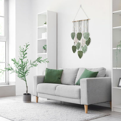 Eiyye Light Green Macrame Leaf Wall Hanging Decor for Living Room with Natural Cotton Woven Texture