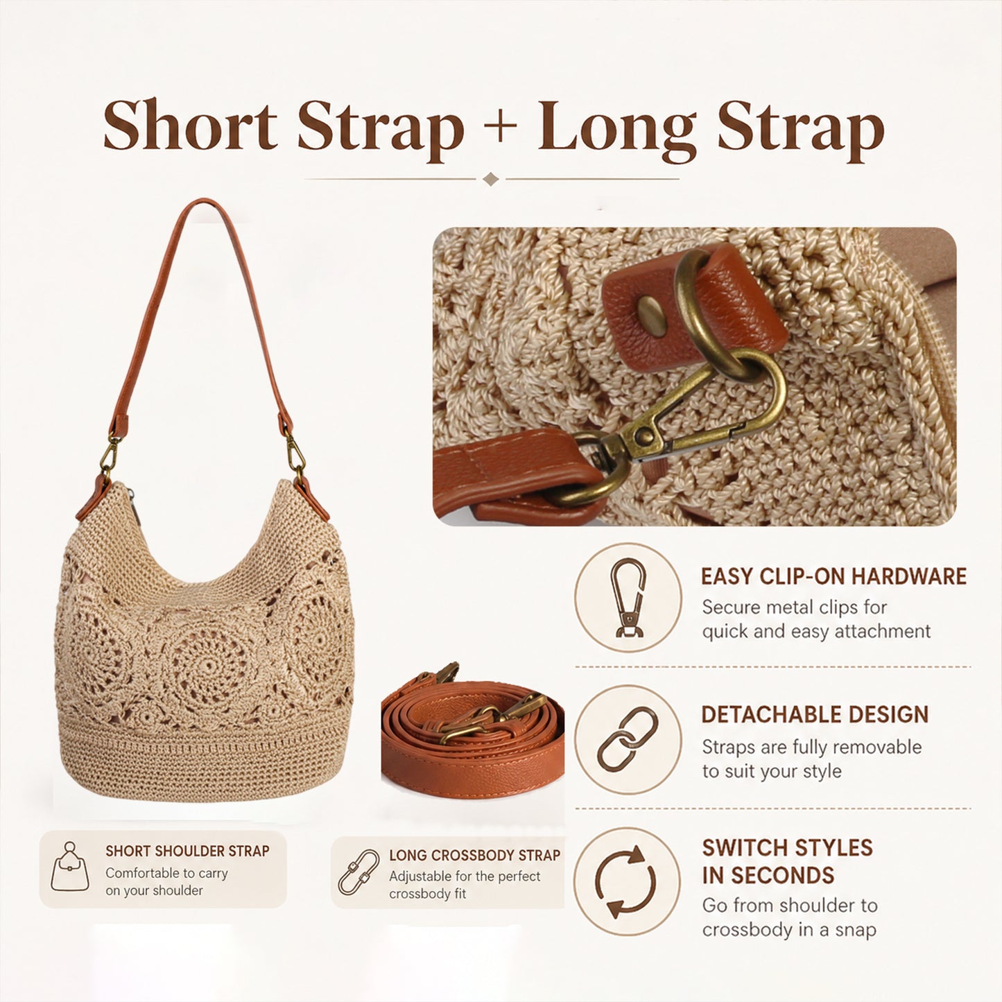 Crossbody Bag detail showing durable alloy attachment hardware and extended shoulder strap connection 