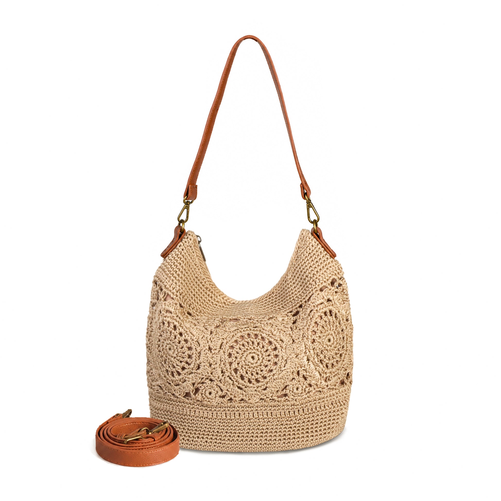 Khaki Hobo Purse with handmade crochet construction and adjustable shoulder strap for stylish daily use