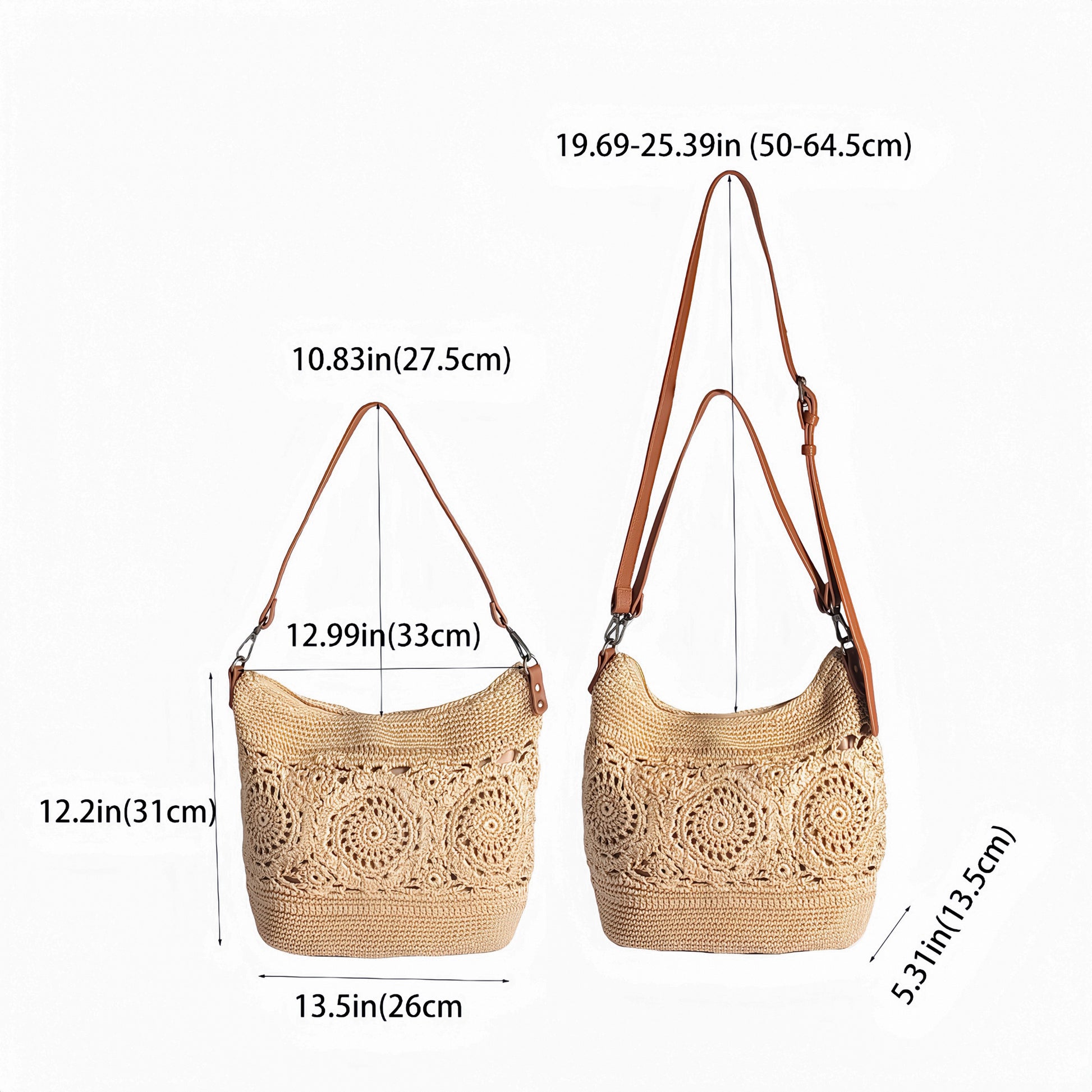 Eiyee Hobo Purse detailed measurements displaying bag dimensions and adjustable shoulder strap range