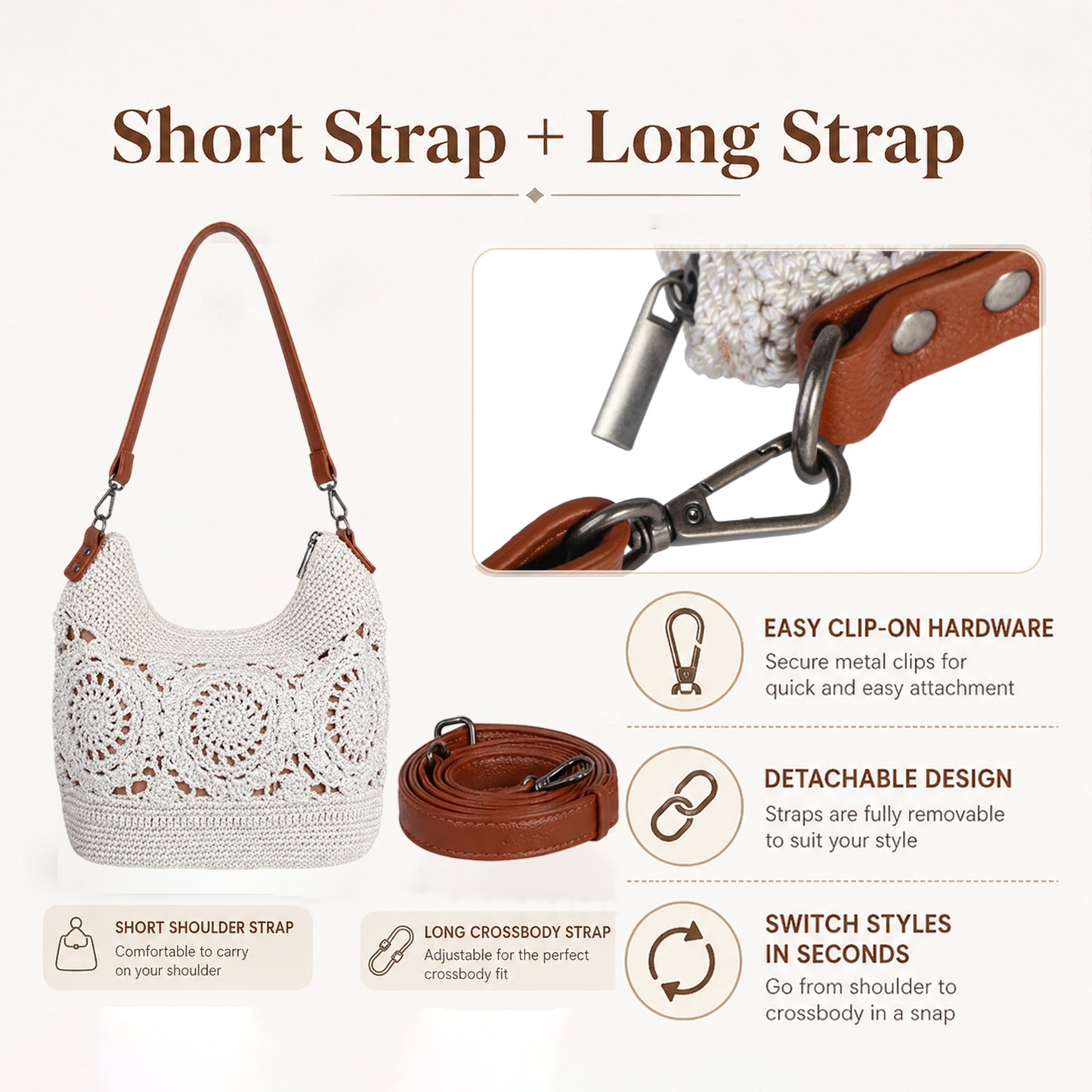 Crossbody Bag detail showing durable alloy attachment hardware and extended shoulder strap connection 