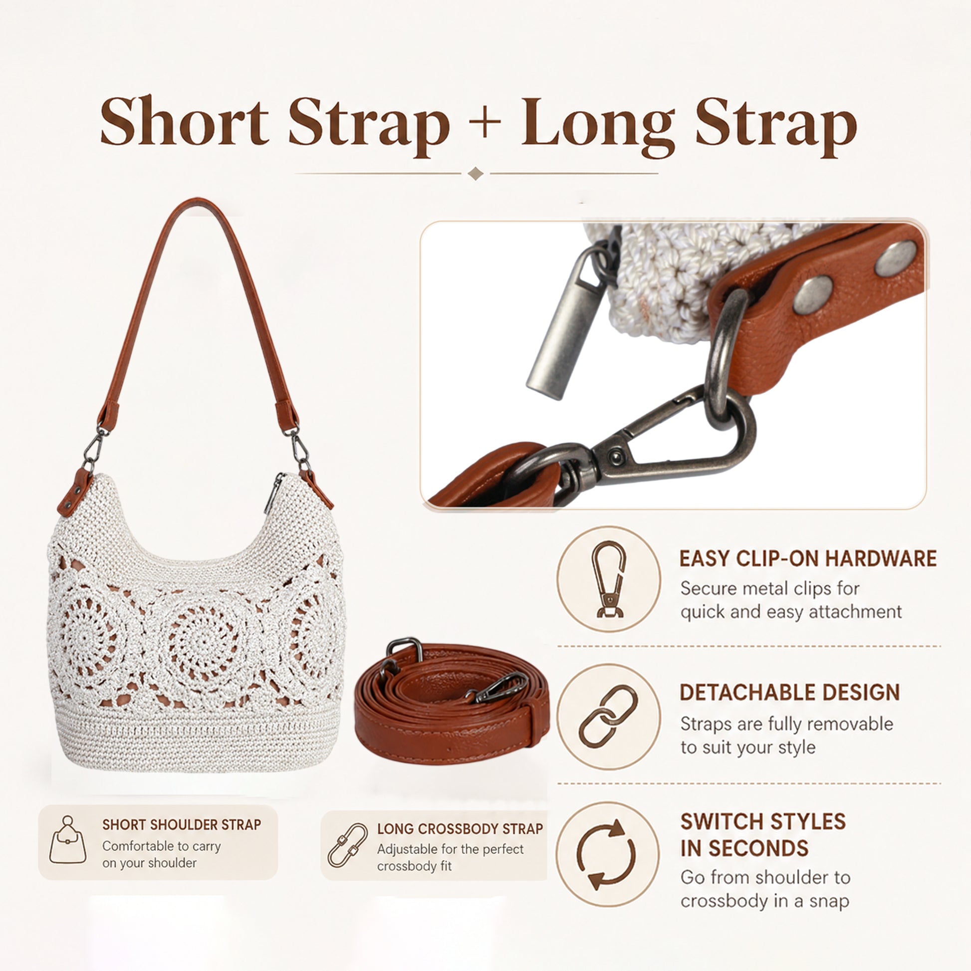 Crossbody Bag detail showing durable alloy attachment hardware and extended shoulder strap connection 