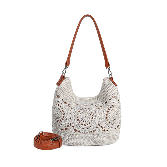 Crochet Crossbody Bag with handmade woven design and adjustable strap, offering a stylish hobo silhouette for everyday carry
