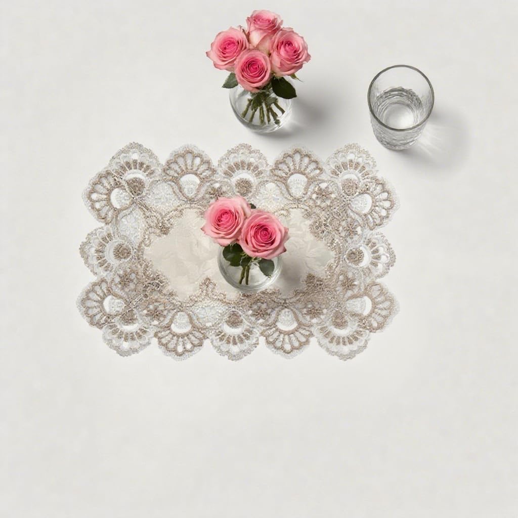 Eiyye Lace Placemat with Floral Embroidery Design Under Vase Arrangement for Elegant Home Decor