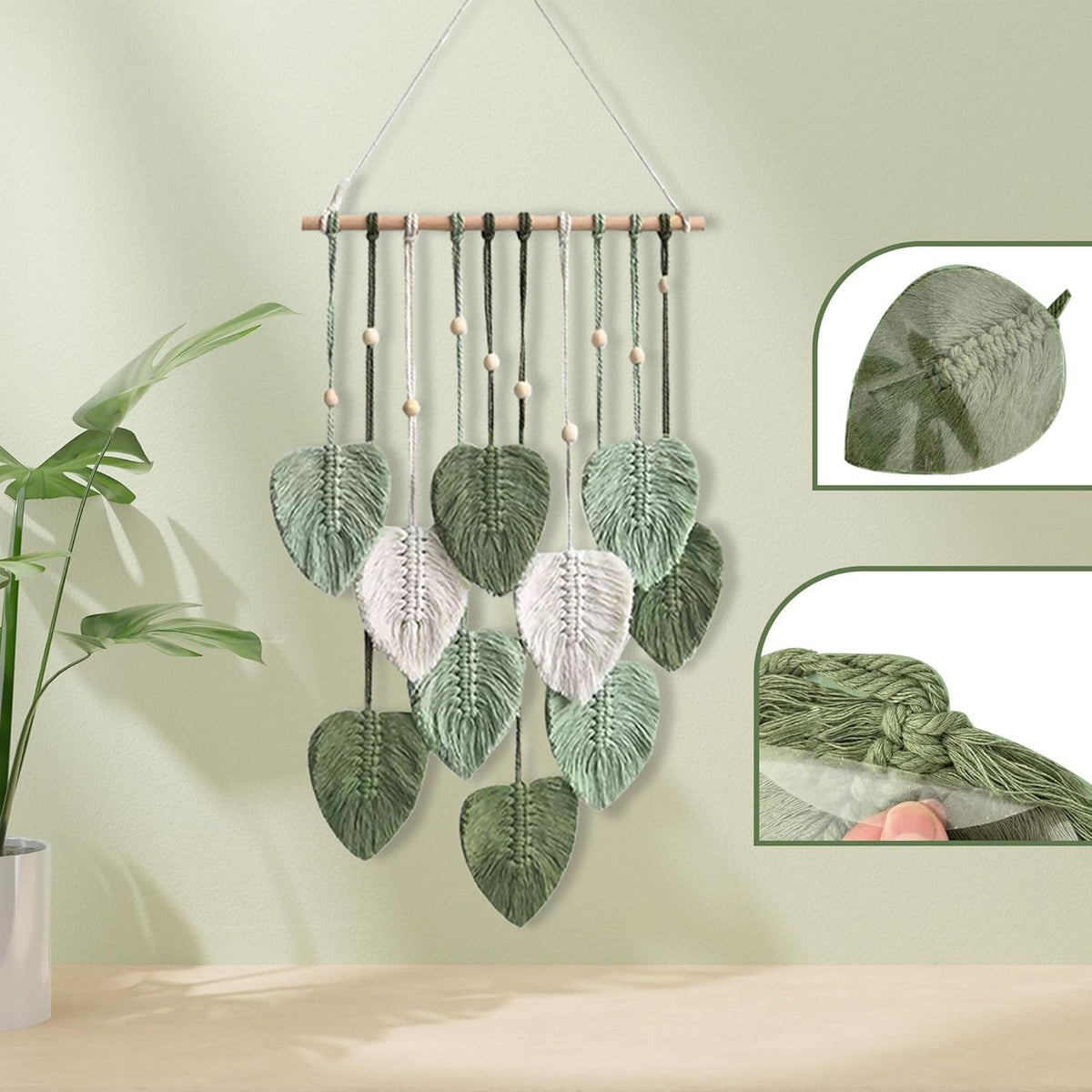 Eiyye Light Green Macrame Leaf Wall Hanging Detail of Textured Leaf Design