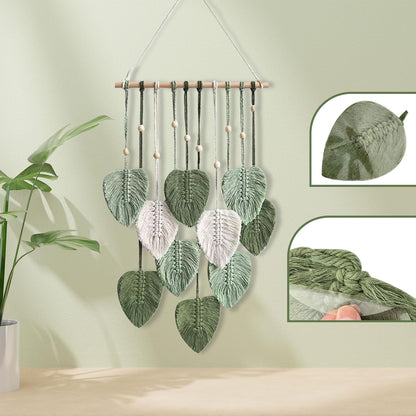 Eiyye Light Green Macrame Leaf Wall Hanging Detail of Textured Leaf Design
