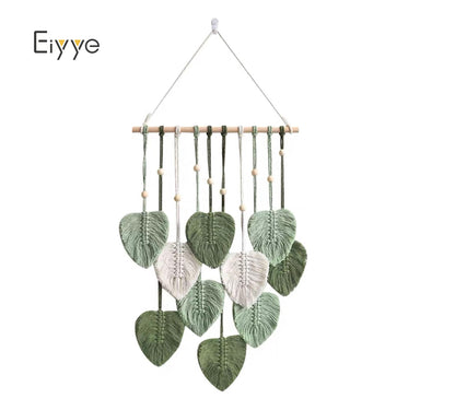 Eiyye Light Green Macrame Leaf Wall Hanging with Handmade Cotton Woven Design for Boho Home Decor
