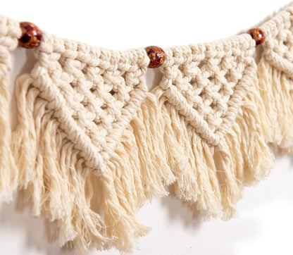 Eiyye Beige Macrame Tassel Garland Showing Intricate Triangle Weave and Soft Cotton Fringe Details