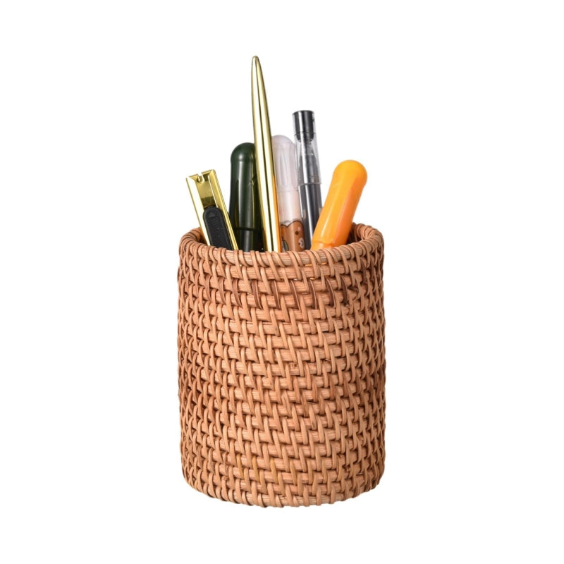 Rustic Eiyye Brown Rattan Desk Organizer Cup with Hand-Woven Design for Pens Pencils Makeup Brushes and Tools