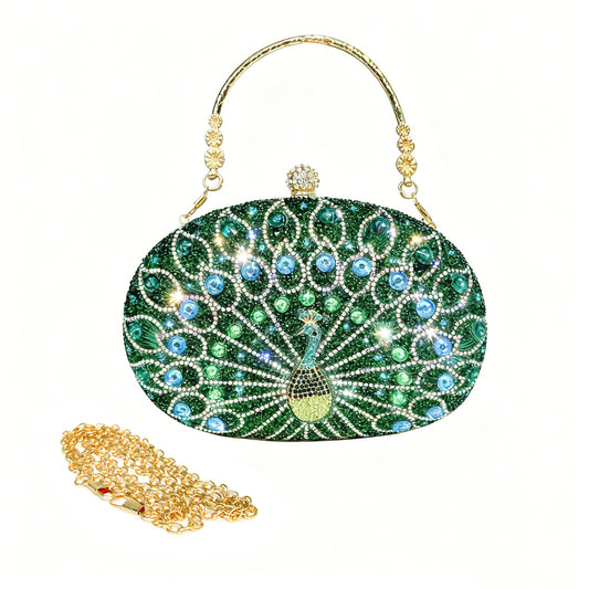 Eiyye Green Rhinestone Clutch Purse showcasing a dazzling peacock pattern and refined details,
