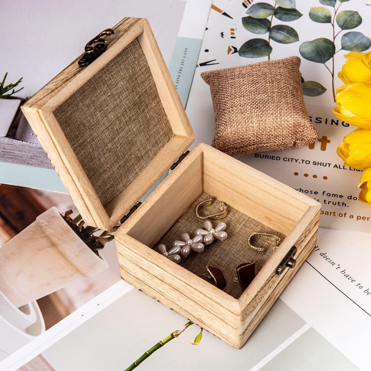 Rustic Tung Wood Keepsake Box styled with small decorative pieces inside