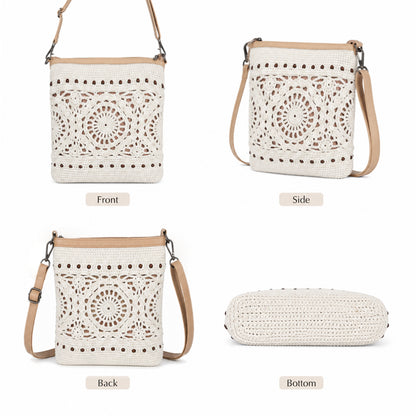 Off White Cotton Crochet Shoulder Bag with multiple angle views highlighting its shape and woven design details