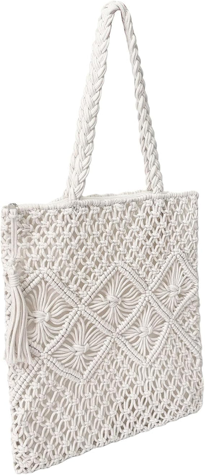 Eiyye Crochet Shoulder Bag featuring a handmade cotton rope texture and minimalist boho design