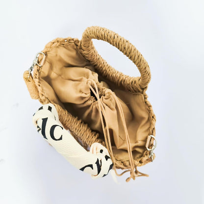 Eiyye Beige Burlap Straw Shoulder Handbag Top Detail Showing Drawstring Closure and Woven Texture