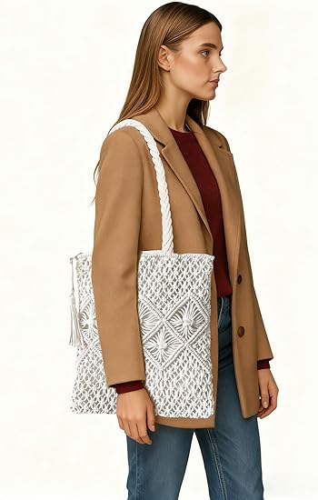 Natural Crochet Shoulder Bag worn on the shoulder by a model, showing its spacious capacity