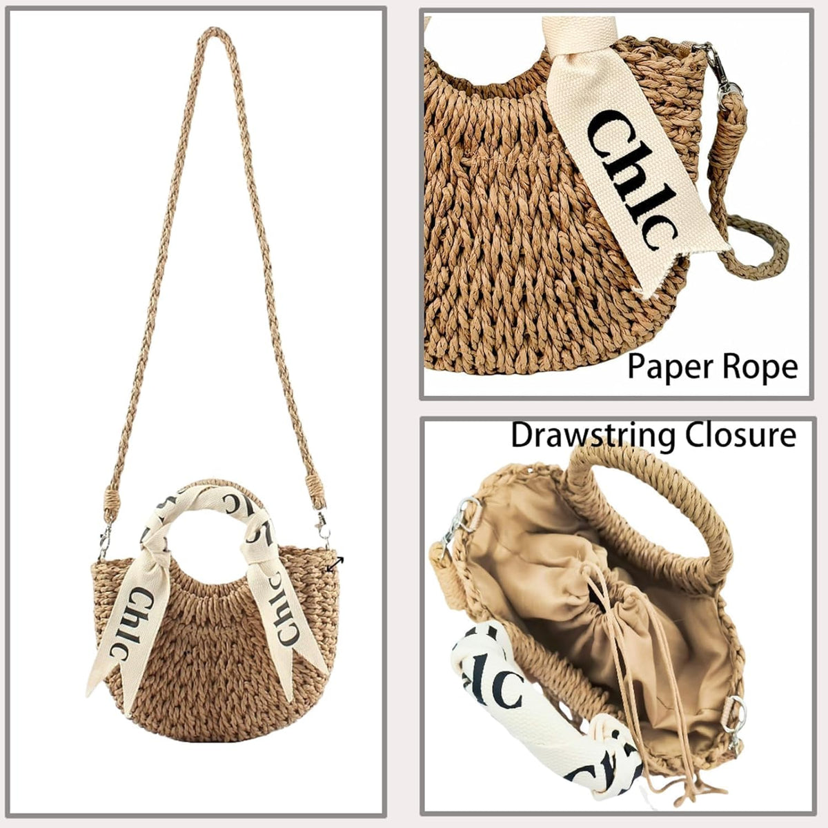 Burlap Straw Shoulder Handbag Detail View Highlighting Woven Texture, Drawstring Closure, and Fine Craftsmanship