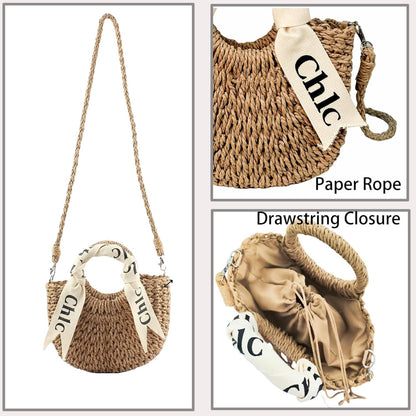 Burlap Straw Shoulder Handbag Detail View Highlighting Woven Texture, Drawstring Closure, and Fine Craftsmanship