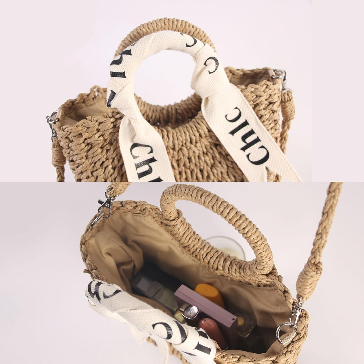 Eiyye Beige Woven Straw Handbag Close-Up Showing Structured Top Handle and Filled Interior for Daily Essentials