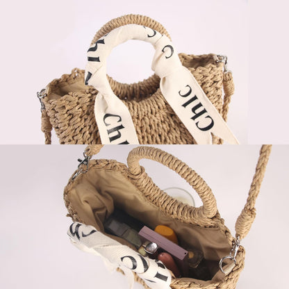 Eiyye Beige Woven Straw Handbag Close-Up Showing Structured Top Handle and Filled Interior for Daily Essentials