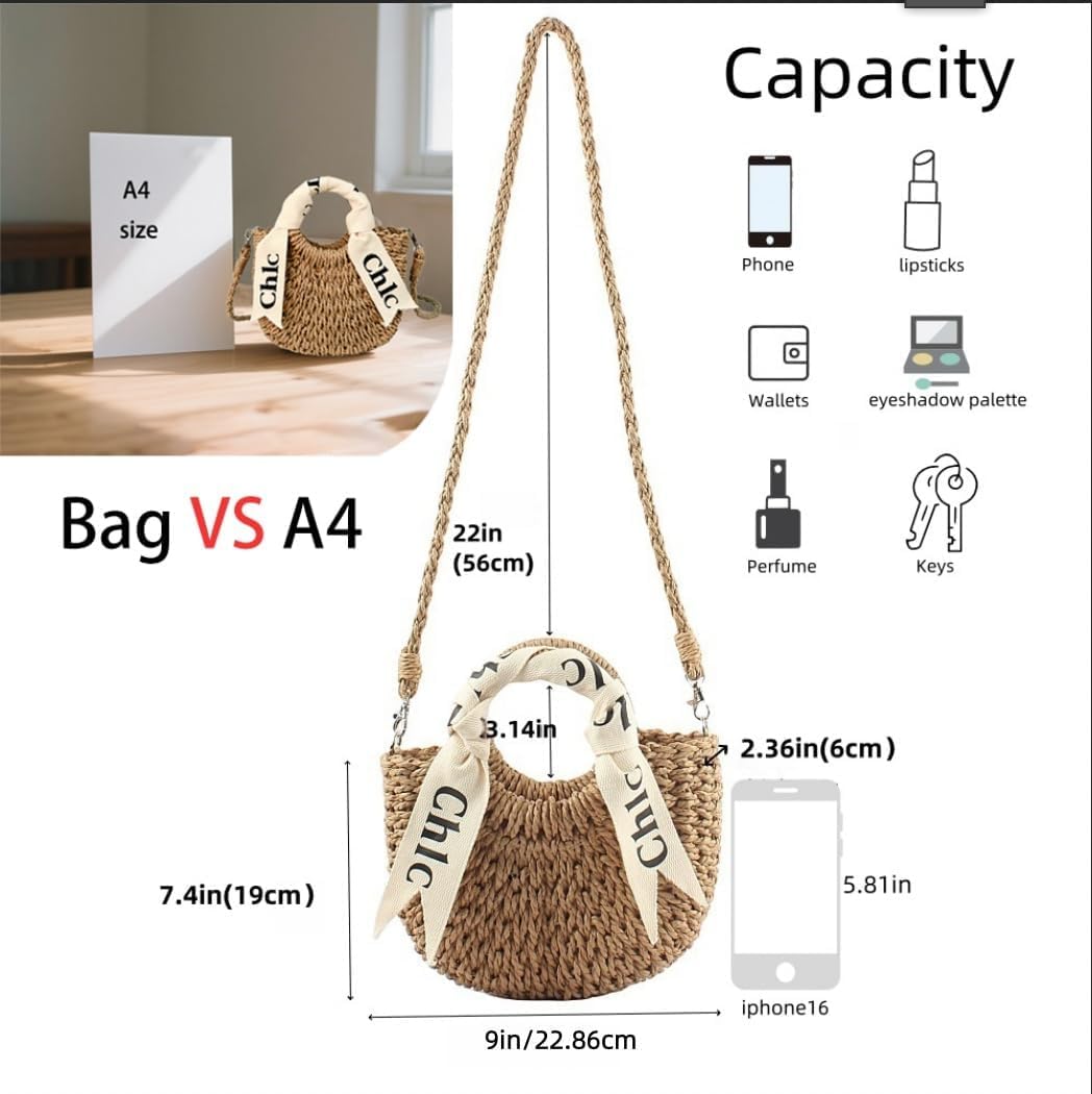 Eiyye Burlap Straw Shoulder Handbag Size Guide Showing 9 Inch Dimensions and Storage Capacity Comparison