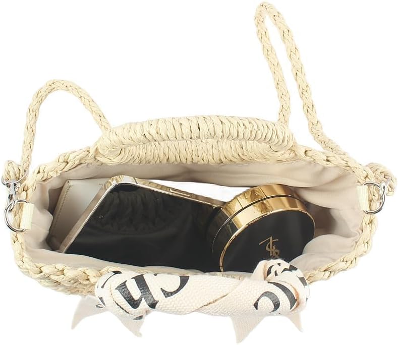 Woven Straw Handbag Overhead View Featuring Everyday Items and Spacious Storage for Daily Carry