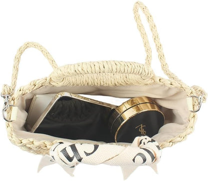 Woven Straw Handbag Overhead View Featuring Everyday Items and Spacious Storage for Daily Carry