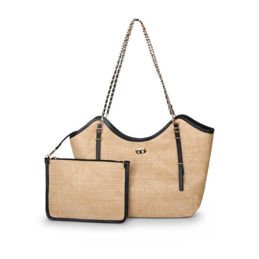 Eiyye Straw Tote Bag for Women with Large Woven Design, Chain Shoulder Strap, and Removable Inner Pouch