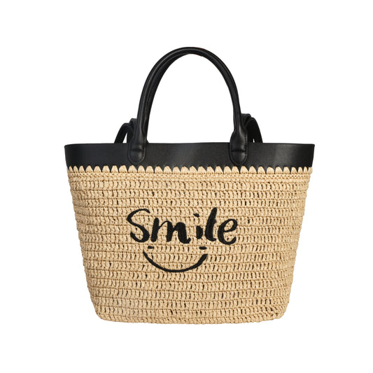 Eiyye Handwoven Straw Style Tote Bag with Cheerful Smile Embroidery, Lightweight Design, and Spacious Interior