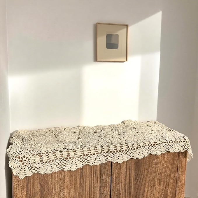 Handmade Crochet Cotton Table Runner Adding Warm Farmhouse Style to Cabinet Display