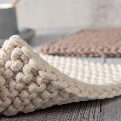 Eiyye White and Taupe Crochet Pot Holders Showing Thick 0.6 Inch Layer and Dense Woven Texture