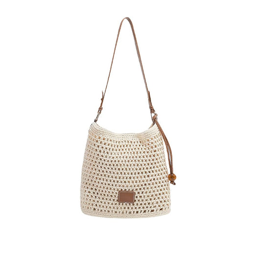 Euyye Handmade Crochet Tote Bag in beige with a lightweight woven design, versatile shoulder purse for everyday and travel use