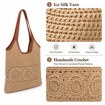 Eiyye Crochet Tote Bag Close-Up Showing Ice Silk-Style Yarn Texture and Hand-Crocheted Floral Pattern Details