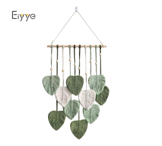 Eiyye Macrame Leaf Tapestry Wall Hanging Boho Cotton Woven Decor for Living Room Bedroom Nursery Apartment Aesthetic Green Wall Art 35.43in (Light Green)