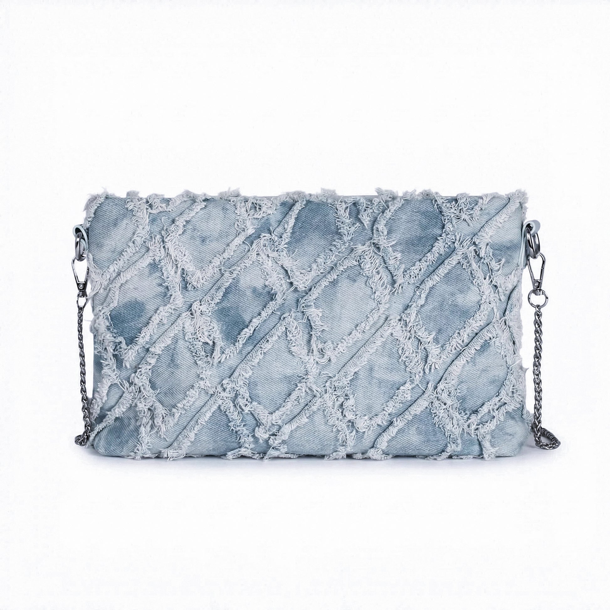 Woman carrying a denim chain shoulder bag for casual daily outfit