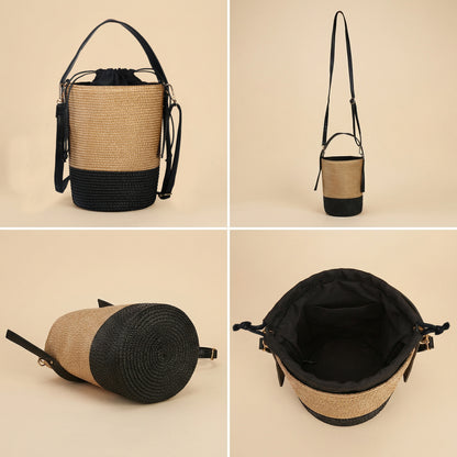 Eiyye Khaki Mini Woven Bucket Bag Multi-View Detail Showing Shape and Woven Texture