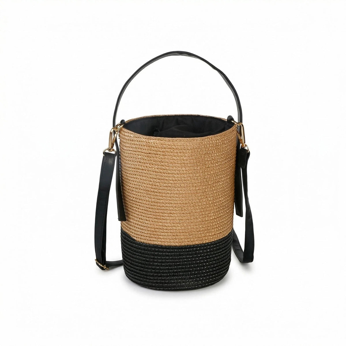 Eiyye Khaki Mini Woven Bucket Bag for Women with Drawstring Closure and Adjustable Leather Strap