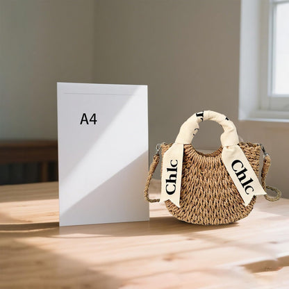 Eiyye Off White Burlap Woven Straw Shoulder Bag Size Comparison with A4 Paper Showing Compact Dimensions