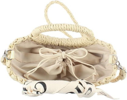 Burlap Straw Shoulder Handbag Featuring Adjustable Drawstring Closure for Secure Storage