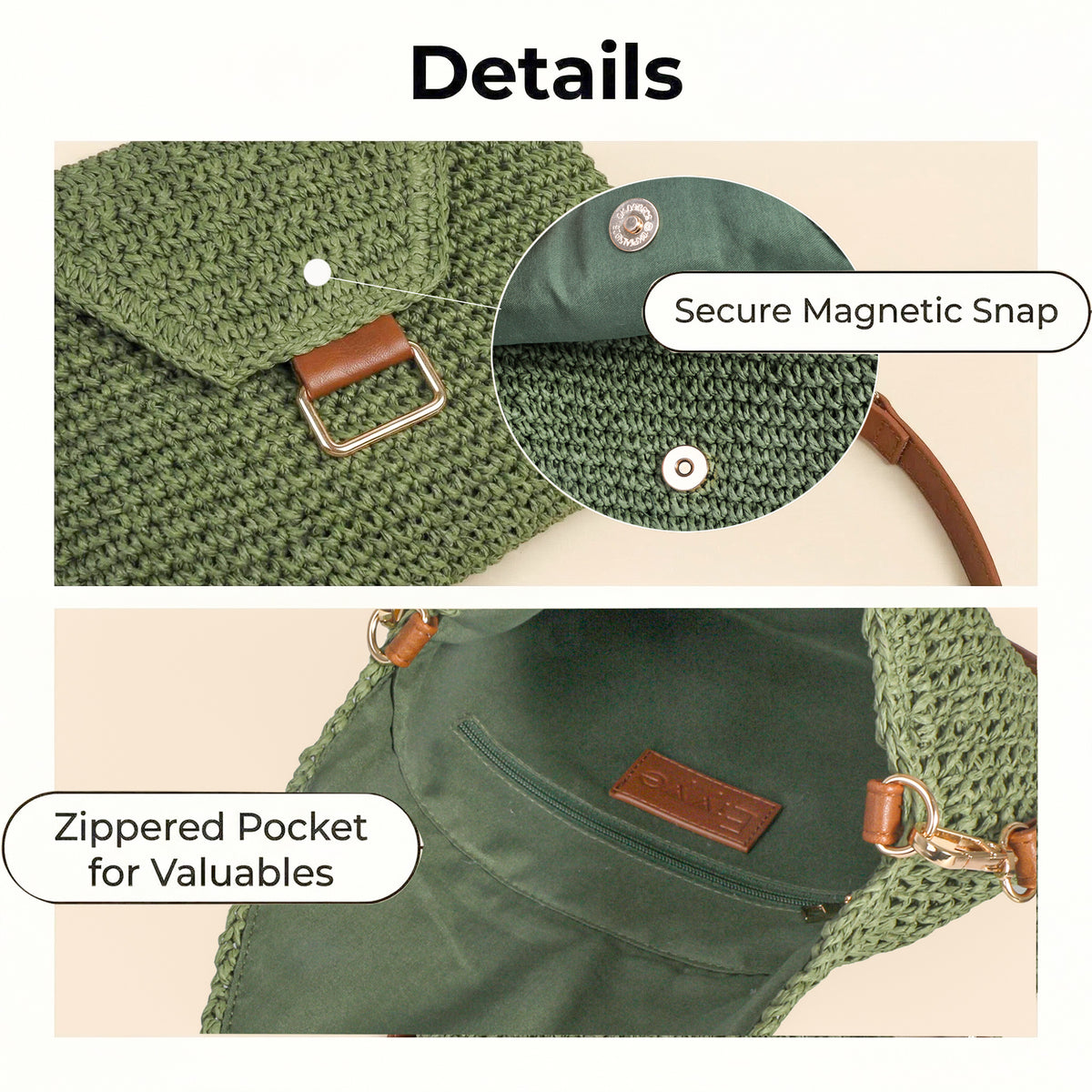 Eiyye Straw Woven Shoulder Bag Interior Detail Featuring Zipper Pocket and Magnetic Snap Closure Design
