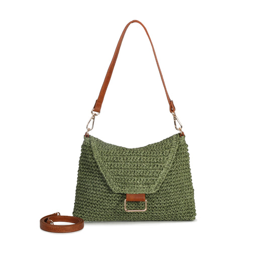 Eiyye Green Woven Straw Shoulder Bag Featuring Lightweight Crochet Design, Secure Zipper Closure, and Convertible Carry Style