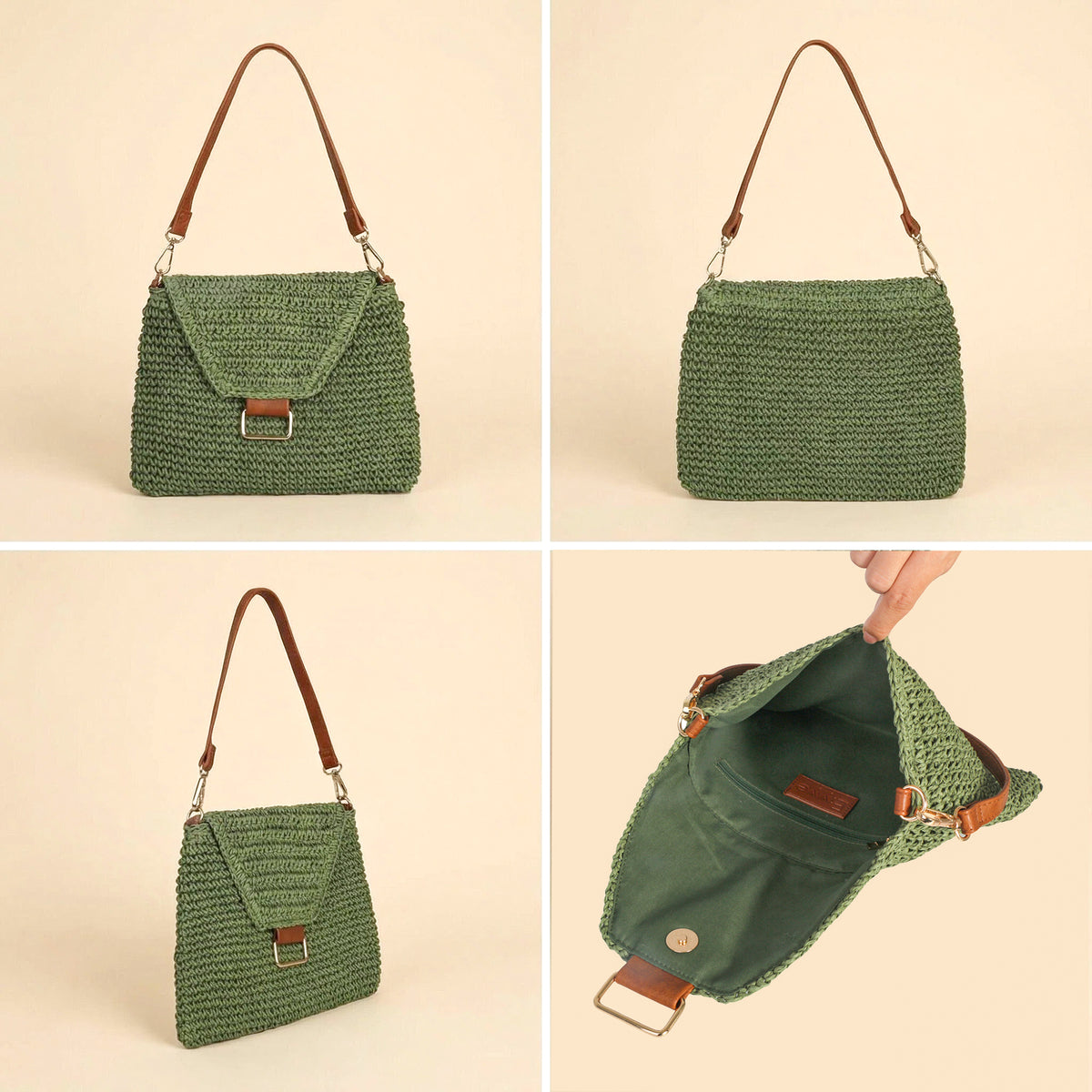Eiyye Straw Woven Shoulder Bag Displayed from Multiple Angles to Show Its Shape, Structure, and Woven Texture