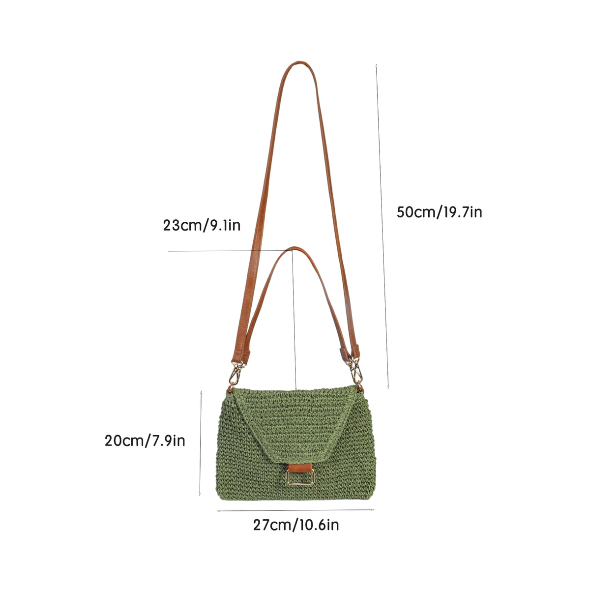 Eiyye Woven Straw Shoulder Bag Size Guide Showing Overall Bag Dimensions and Measurement Details