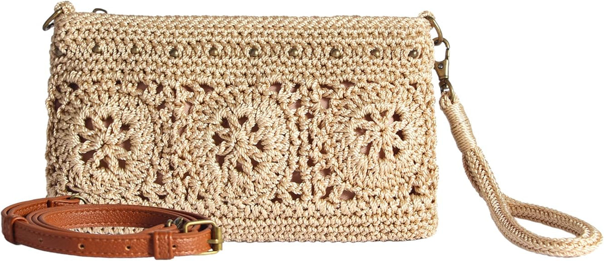 Beige Crochet Wristlet Wallet with a handmade woven texture and compact everyday design
