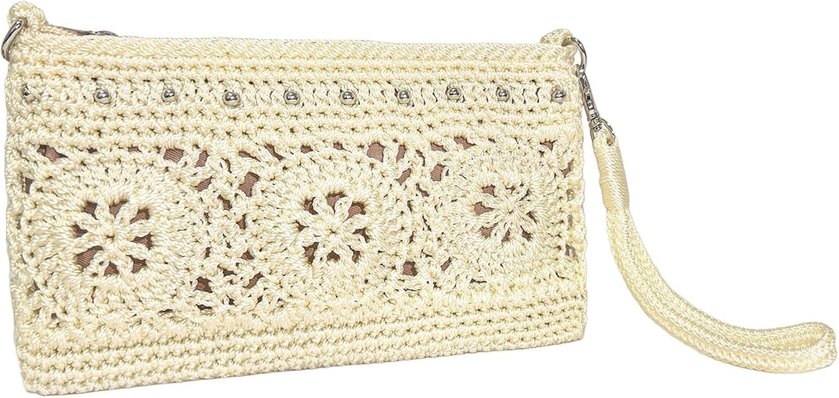Light Yellow Crochet Wristlet Wallet side profile with a compact woven design and strap detail