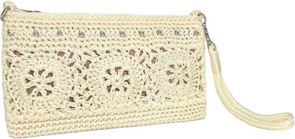 Light Yellow Crochet Wristlet Wallet side profile with a compact woven design and strap detail