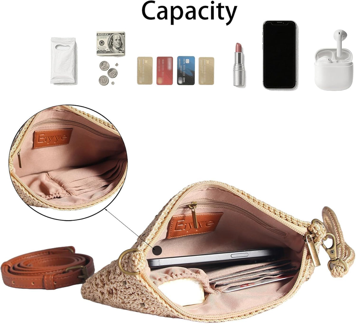 Wristlet Wallet with interior storage space for phone, cash, cards, keys and lipstick with zipper pocket and card slots