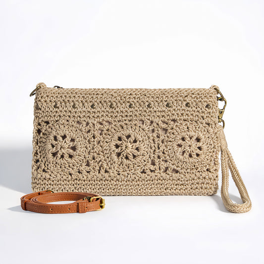 Eiyye Beige Crochet Wristlet Wallet with a lightweight woven texture, versatile crossbody and clutch design for everyday essentials